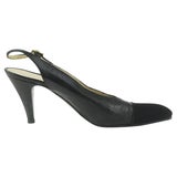 Chanel Size 9 A Black Lizard Grosgrain Cap Toe CC Slingback Sandals 2cc1115