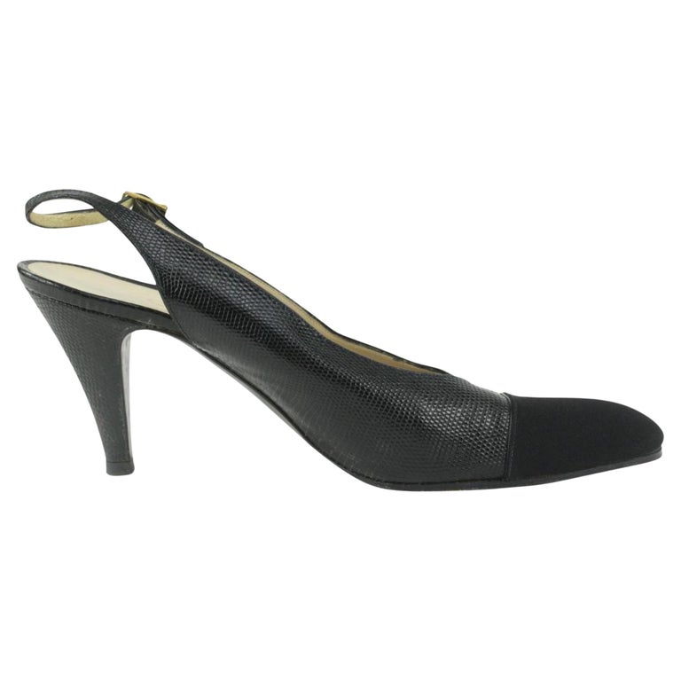 Chanel Size 9 A Black Lizard Grosgrain Cap Toe CC Slingback Sandals 2CC1115  For Sale at 1stDibs