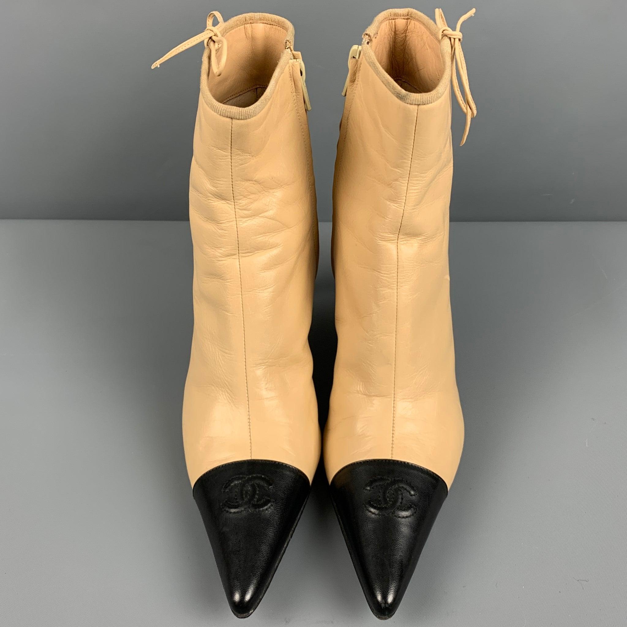 Women's CHANEL Size 9 Beige Black Leather Cap Toe Boots