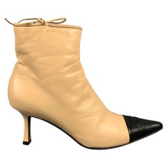 CHANEL Size 9 Beige Black Leather Cap Toe Boots