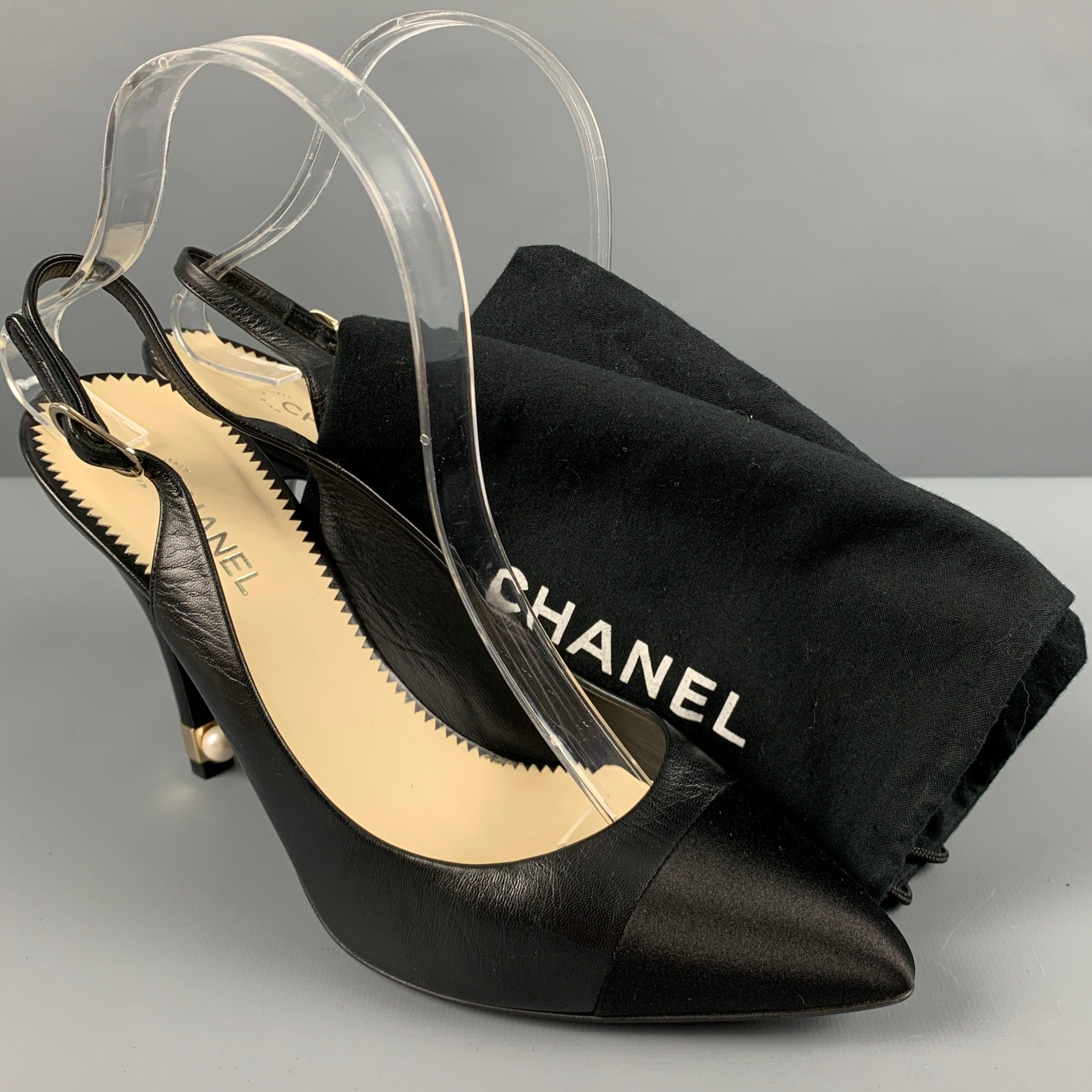 CHANEL Size 9 Black Leather Slingback Pumps For Sale 6