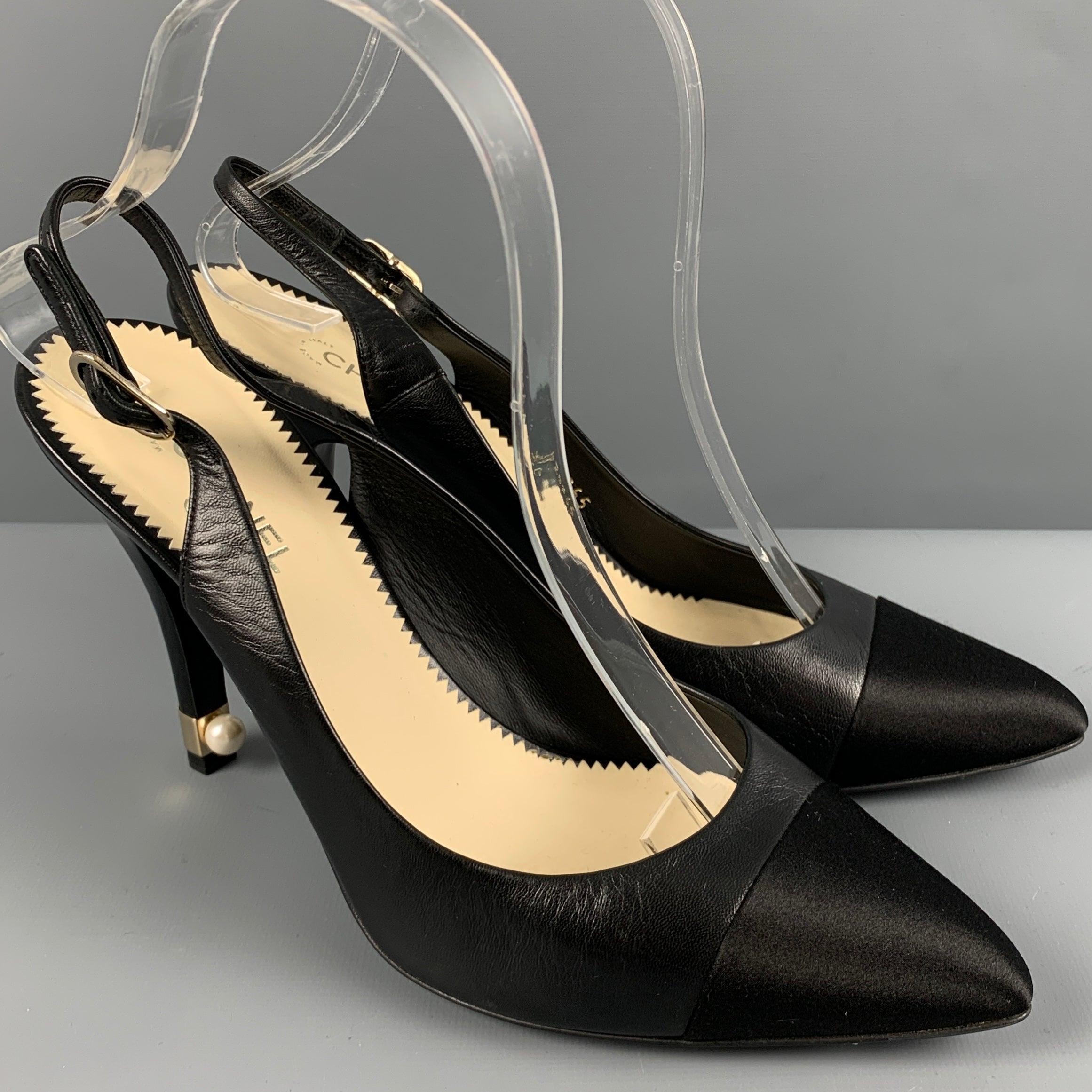 CHANEL Size 9 Black Leather Slingback Pumps In Good Condition For Sale In San Francisco, CA