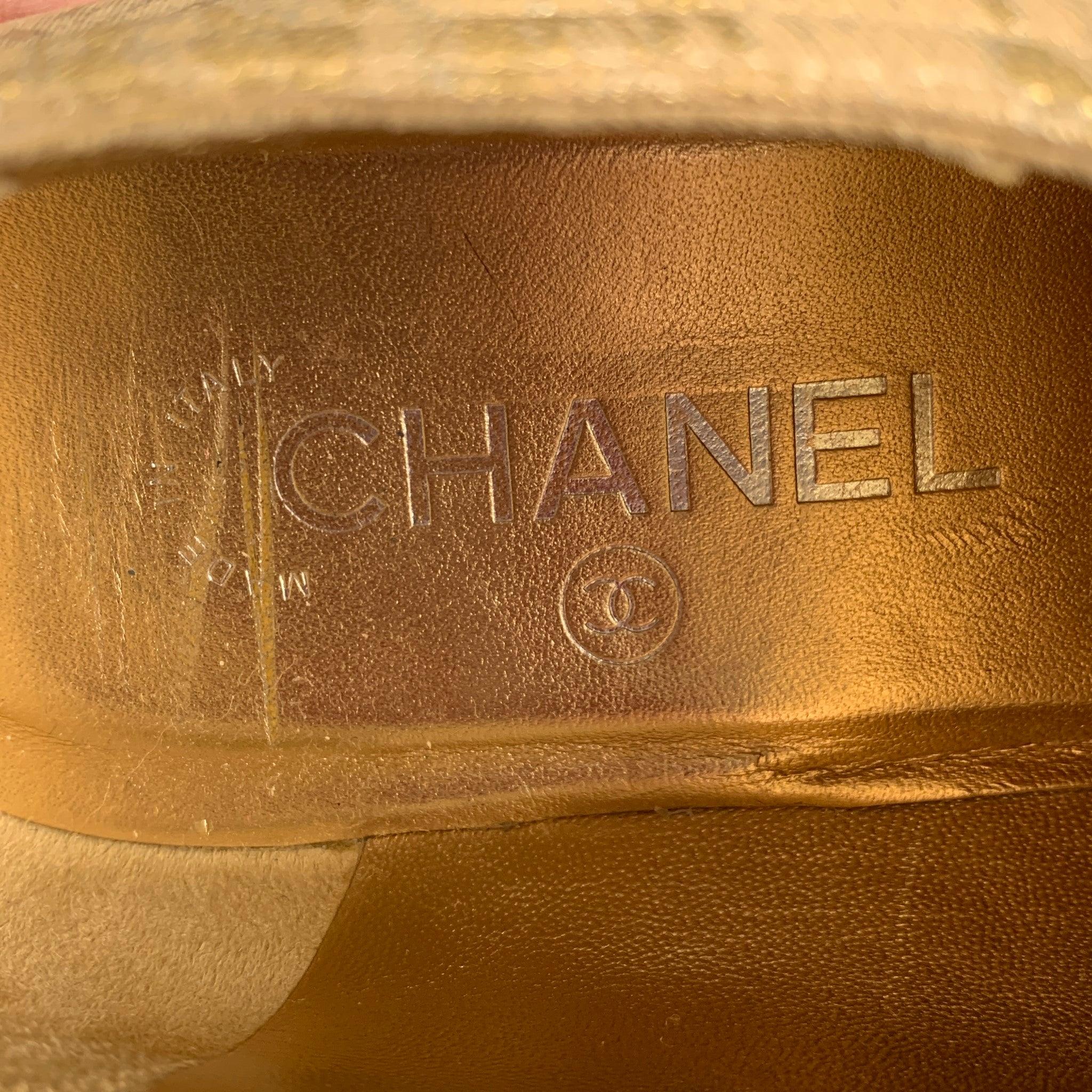 CHANEL Size 9 Gold Fabric Platform Flats For Sale 2