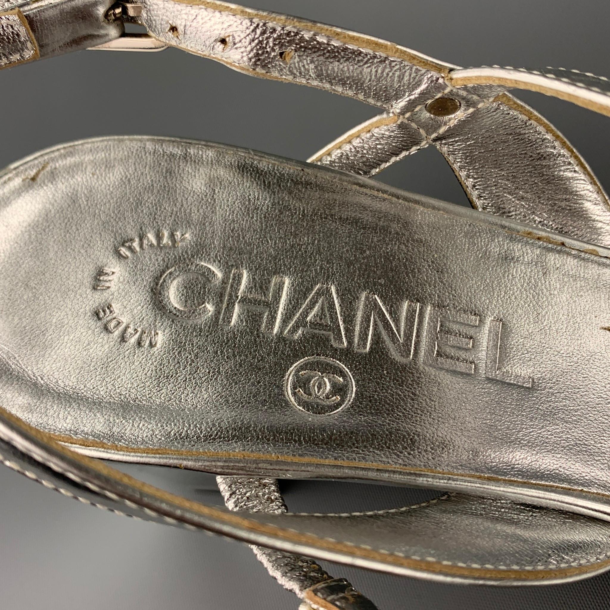 CHANEL Size 9.5 Silver Leather Strappy Sandals In Good Condition In San Francisco, CA