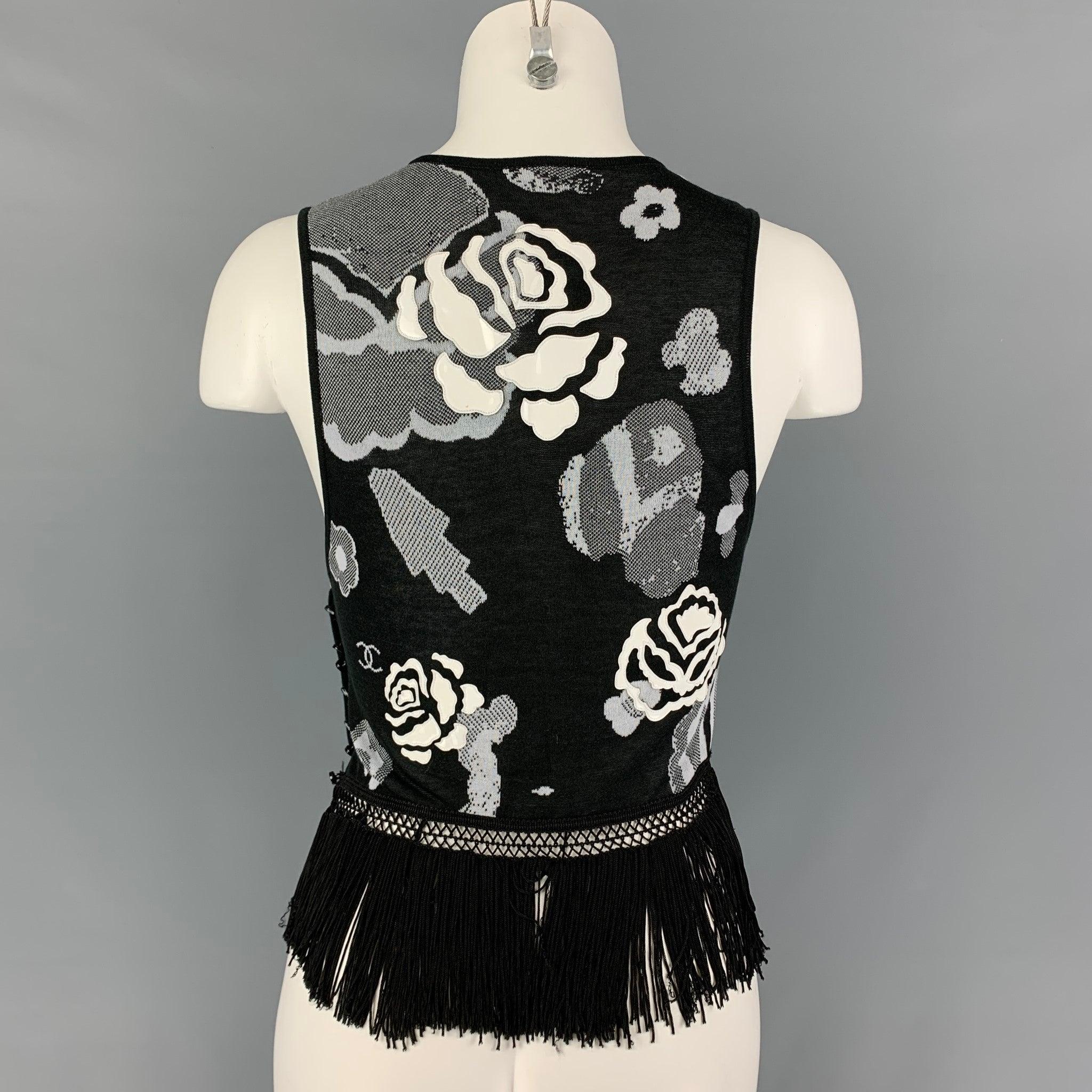 CHANEL Size M Black & White Cotton Rayon Floral Sleeveless Dress Top In Good Condition In San Francisco, CA