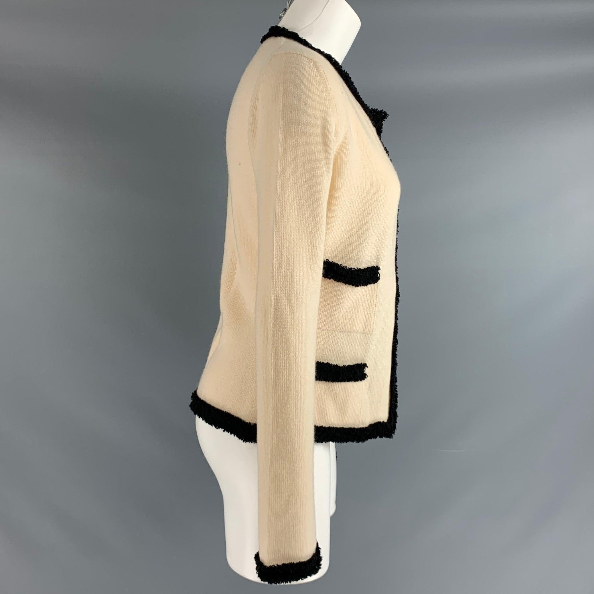 White CHANEL Size M Cream Black Cashmere Contrast trim Open Front Cardigan