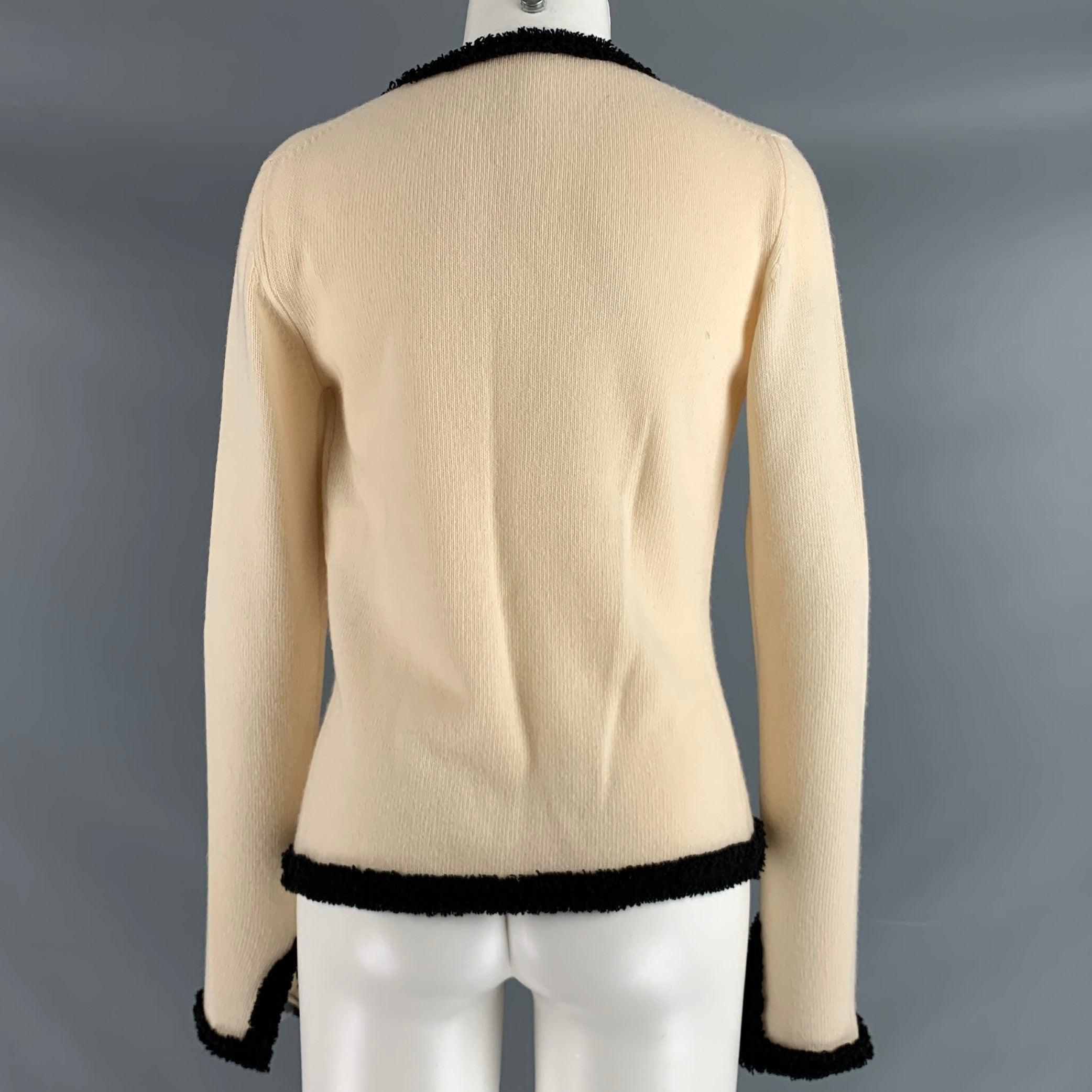 CHANEL Size M Cream Black Cashmere Contrast trim Open Front Cardigan In Good Condition In San Francisco, CA