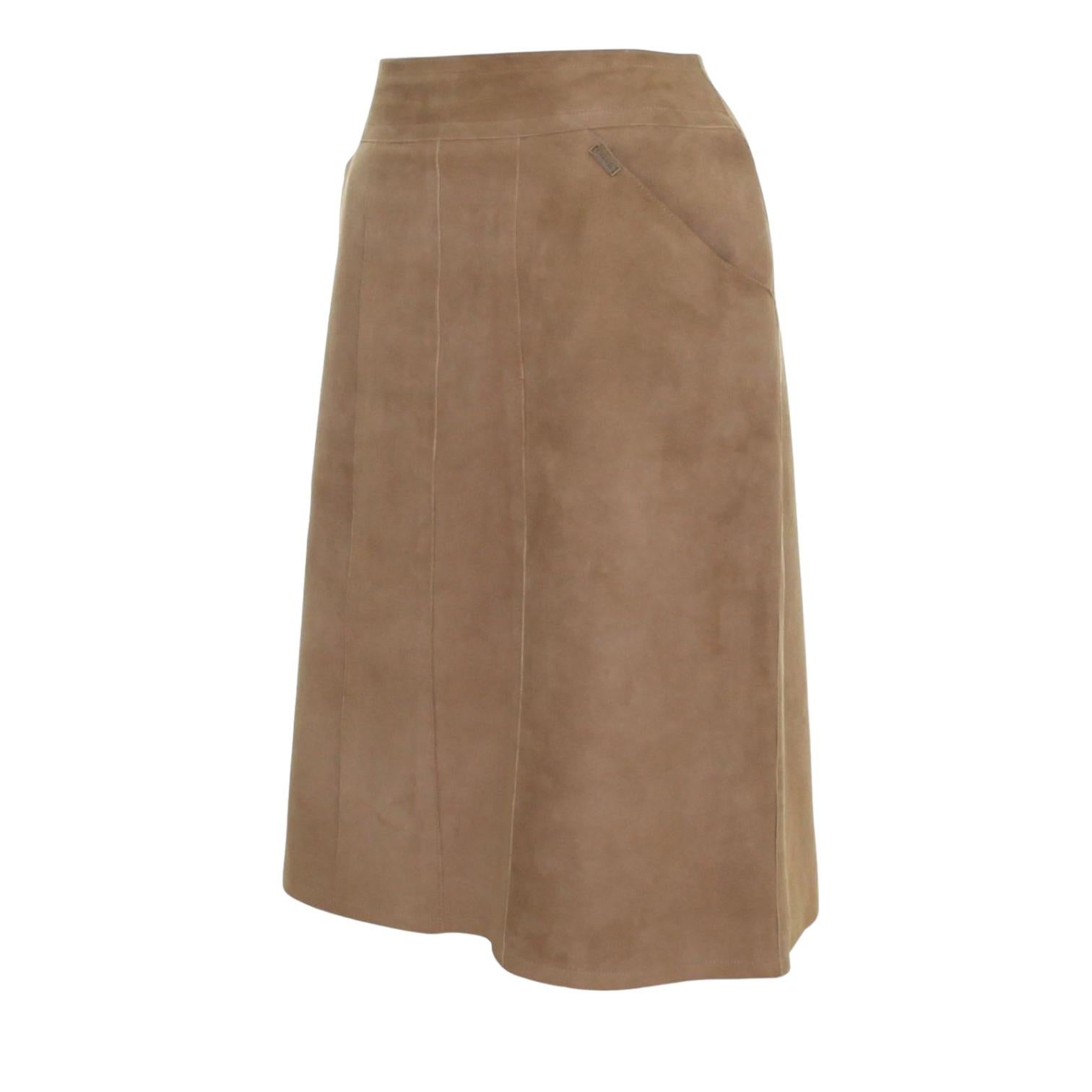 Brown CHANEL Skirt Dress Suede Leather Beige Antiqued Gold HW Sz 38