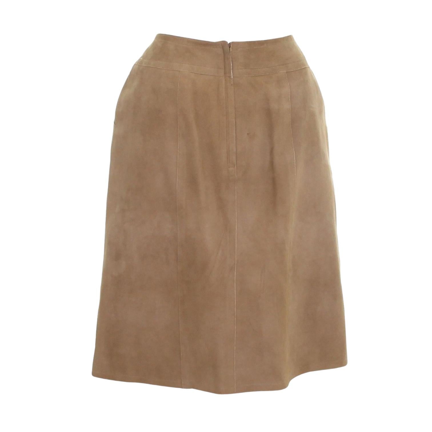 Women's CHANEL Skirt Dress Suede Leather Beige Antiqued Gold HW Sz 38