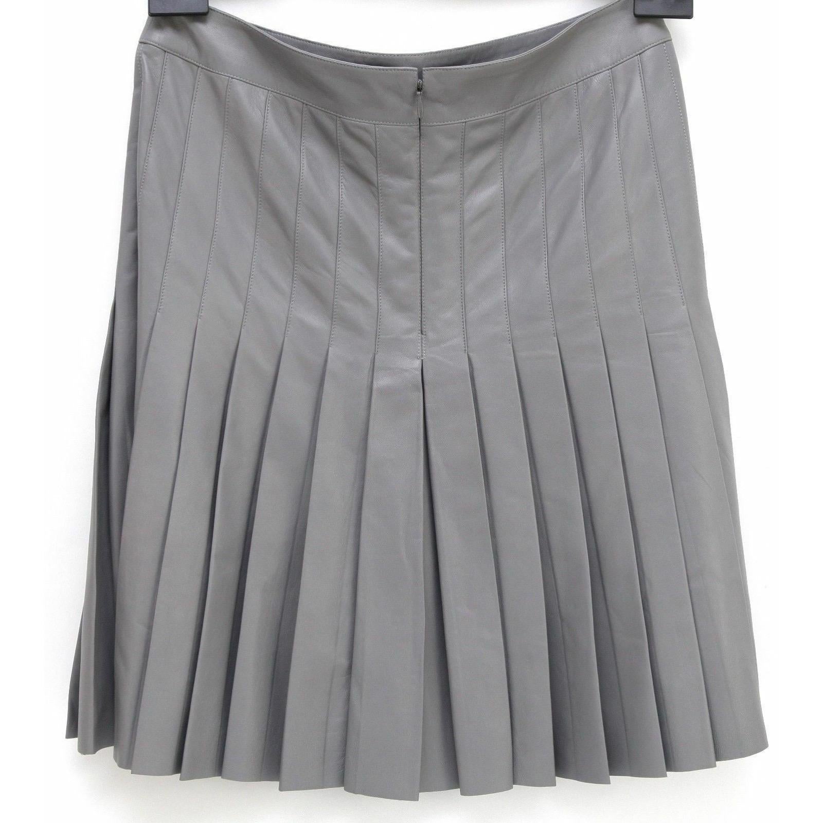 Gray CHANEL Skirt Leather Lambskin Dress Grey Pleated Knee Length A-Line 38 2005