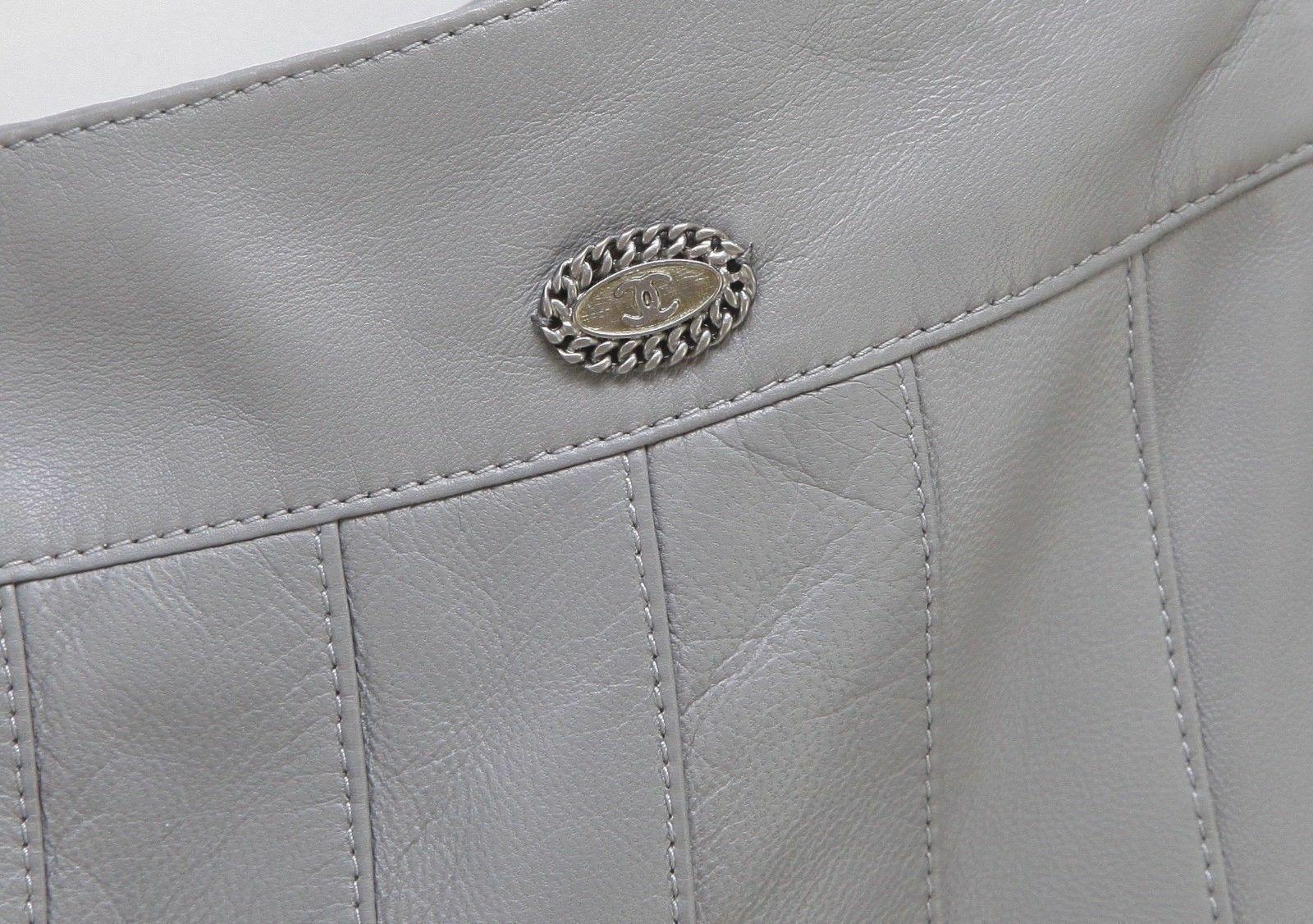 Women's CHANEL Skirt Leather Lambskin Dress Grey Pleated Knee Length A-Line 38 2005