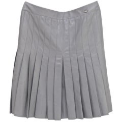 CHANEL Skirt Leather Lambskin Dress Grey Pleated Knee Length A-Line 38 2005