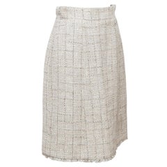 CHANEL Skirt Tweed Beige Black Metallic Plaid Fringe RUNWAY 2010 Sz 38
