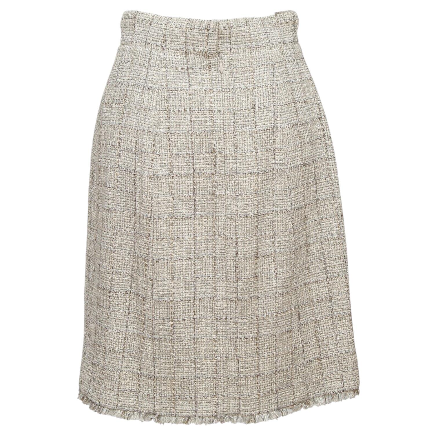 Gray CHANEL Skirt Tweed Beige Black Metallic Plaid Fringe RUNWAY 2010 Sz 38 For Sale