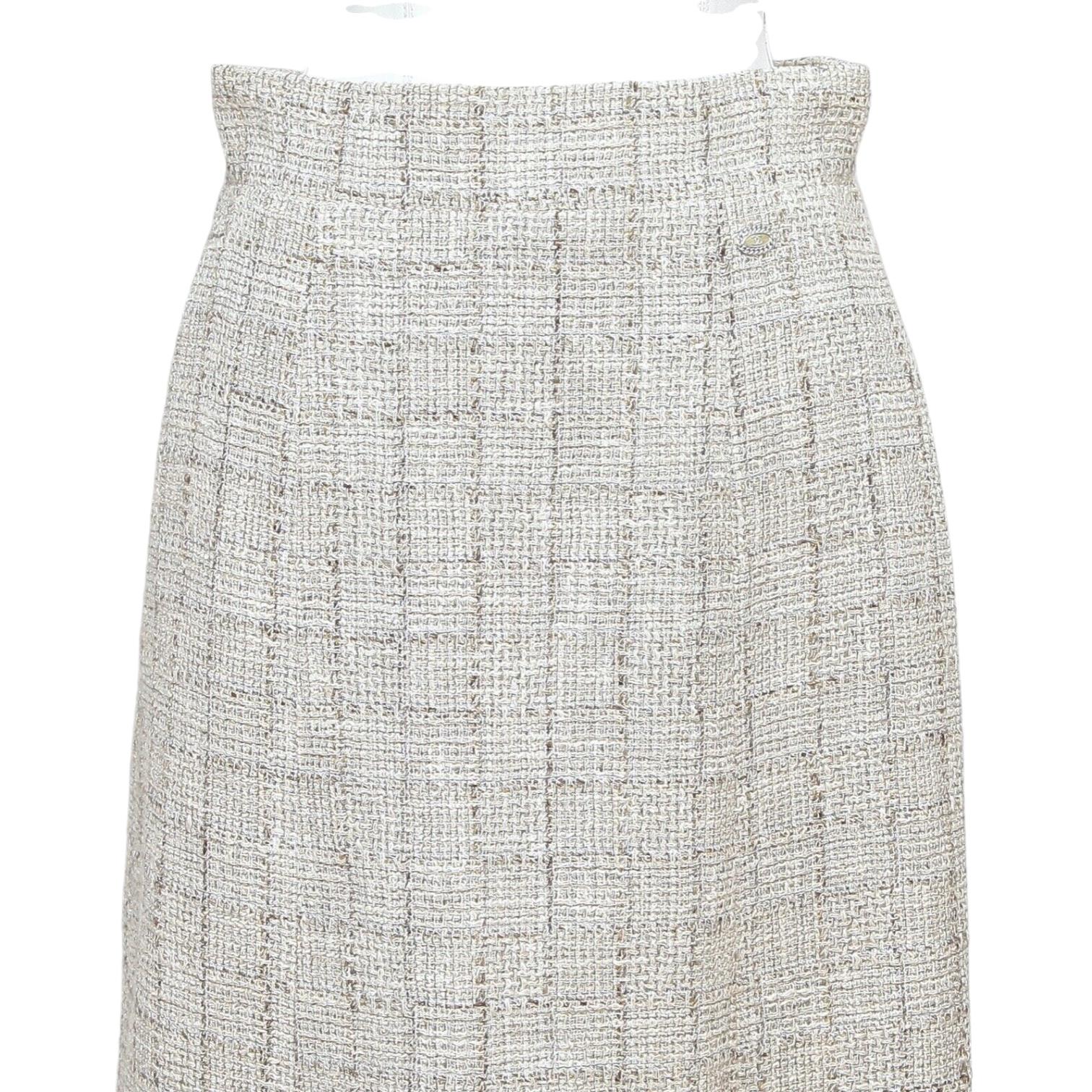 Women's CHANEL Skirt Tweed Beige Black Metallic Plaid Fringe RUNWAY 2010 Sz 38 For Sale
