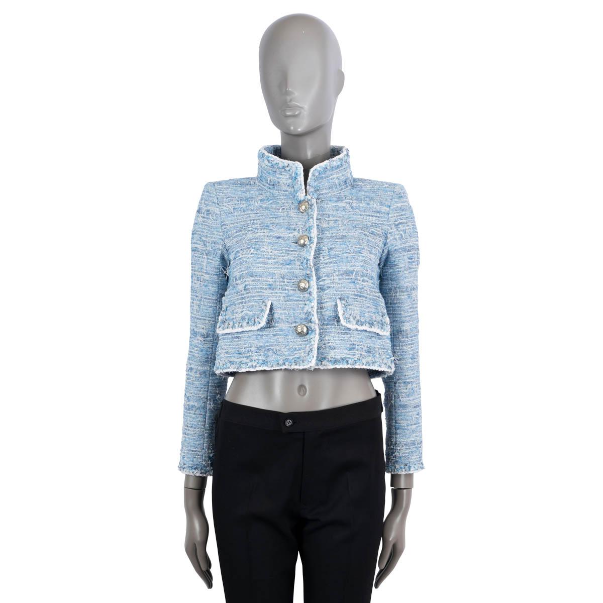 Women's CHANEL sky blue & cream 2015 15P CROPPED TWEED Jacket 34 XS