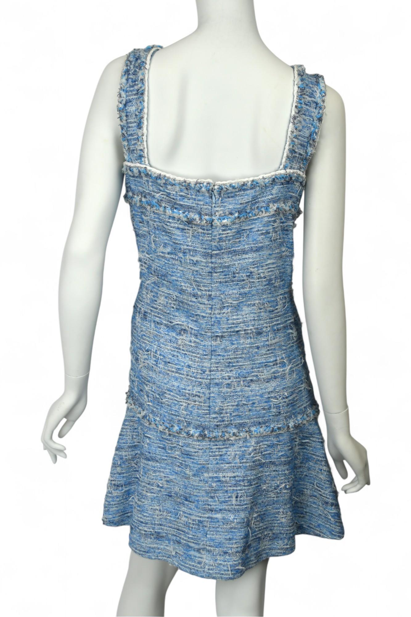 Chanel Sky Blue Fantasy Tweed Dress  Size 10 US  15P Fringed Sleeveless Mini For Sale 5