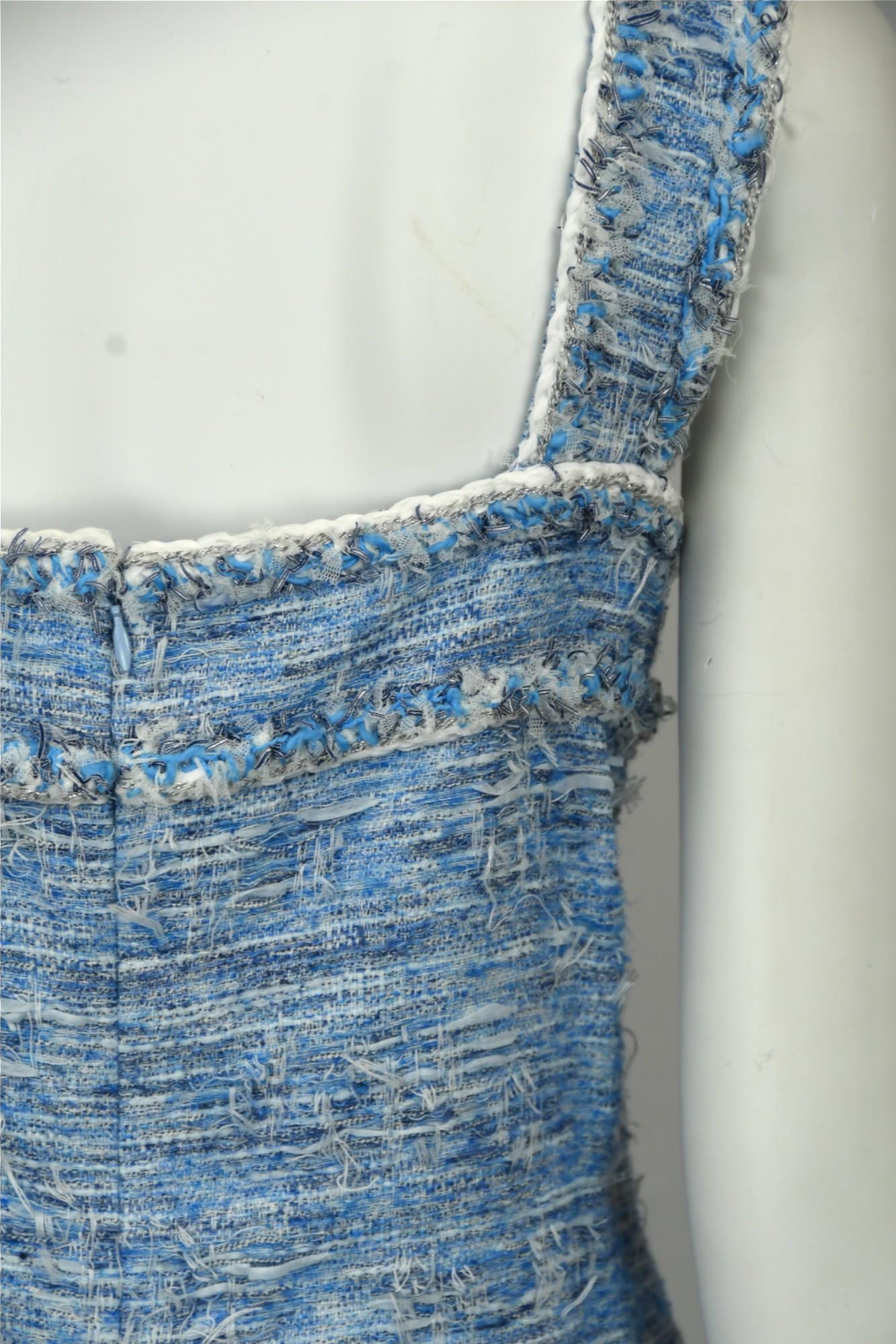 Chanel Sky Blue Fantasy Tweed Dress  Size 10 US  15P Fringed Sleeveless Mini For Sale 6