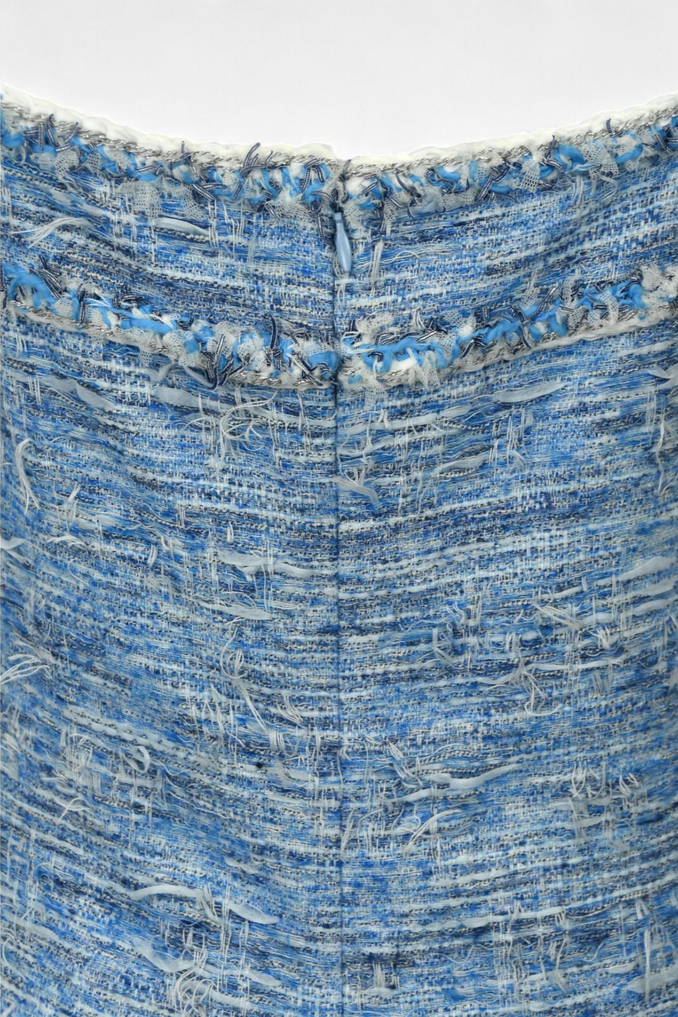 Chanel Sky Blue Fantasy Tweed Dress  Size 10 US  15P Fringed Sleeveless Mini For Sale 7