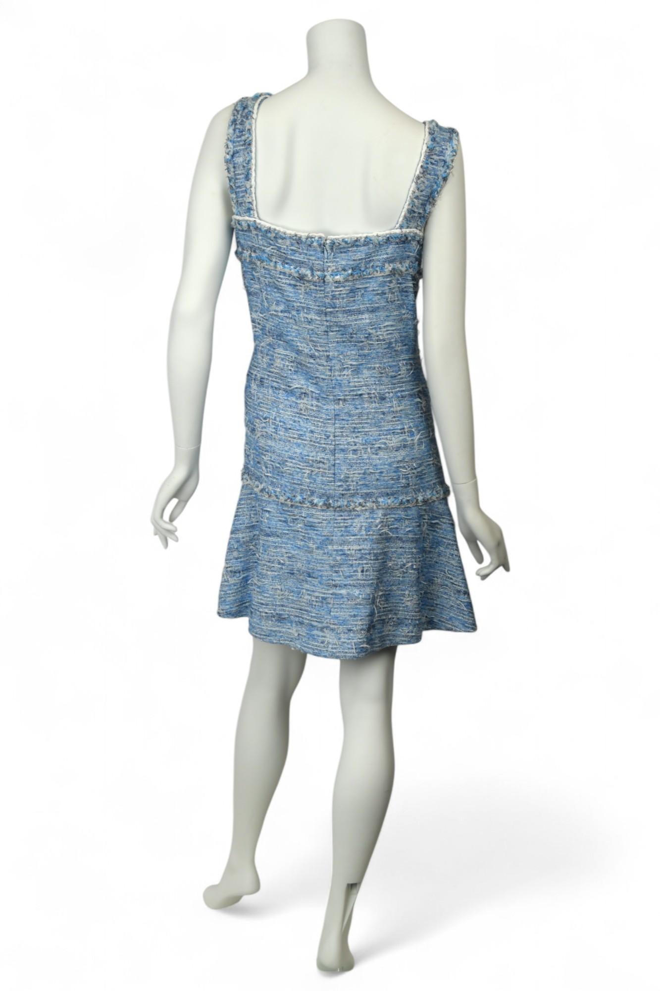 Chanel Sky Blue Fantasy Tweed Dress  Size 10 US  15P Fringed Sleeveless Mini For Sale 8