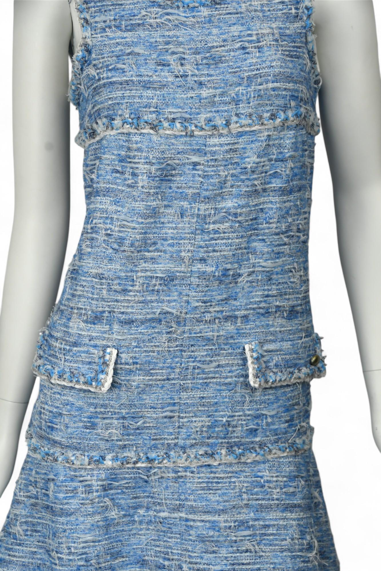 Gray Chanel Sky Blue Fantasy Tweed Dress  Size 10 US  15P Fringed Sleeveless Mini For Sale