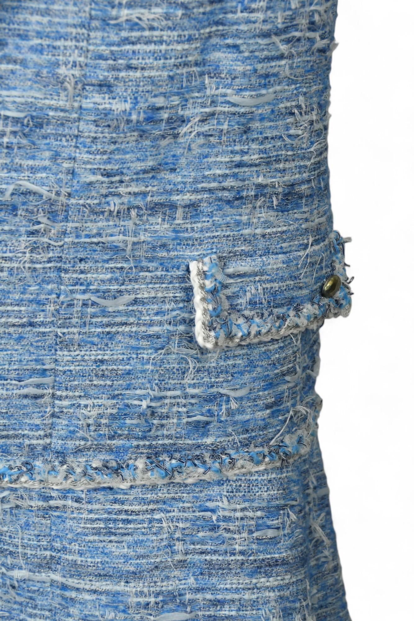 Chanel Sky Blue Fantasy Tweed Dress  Size 10 US  15P Fringed Sleeveless Mini For Sale 1