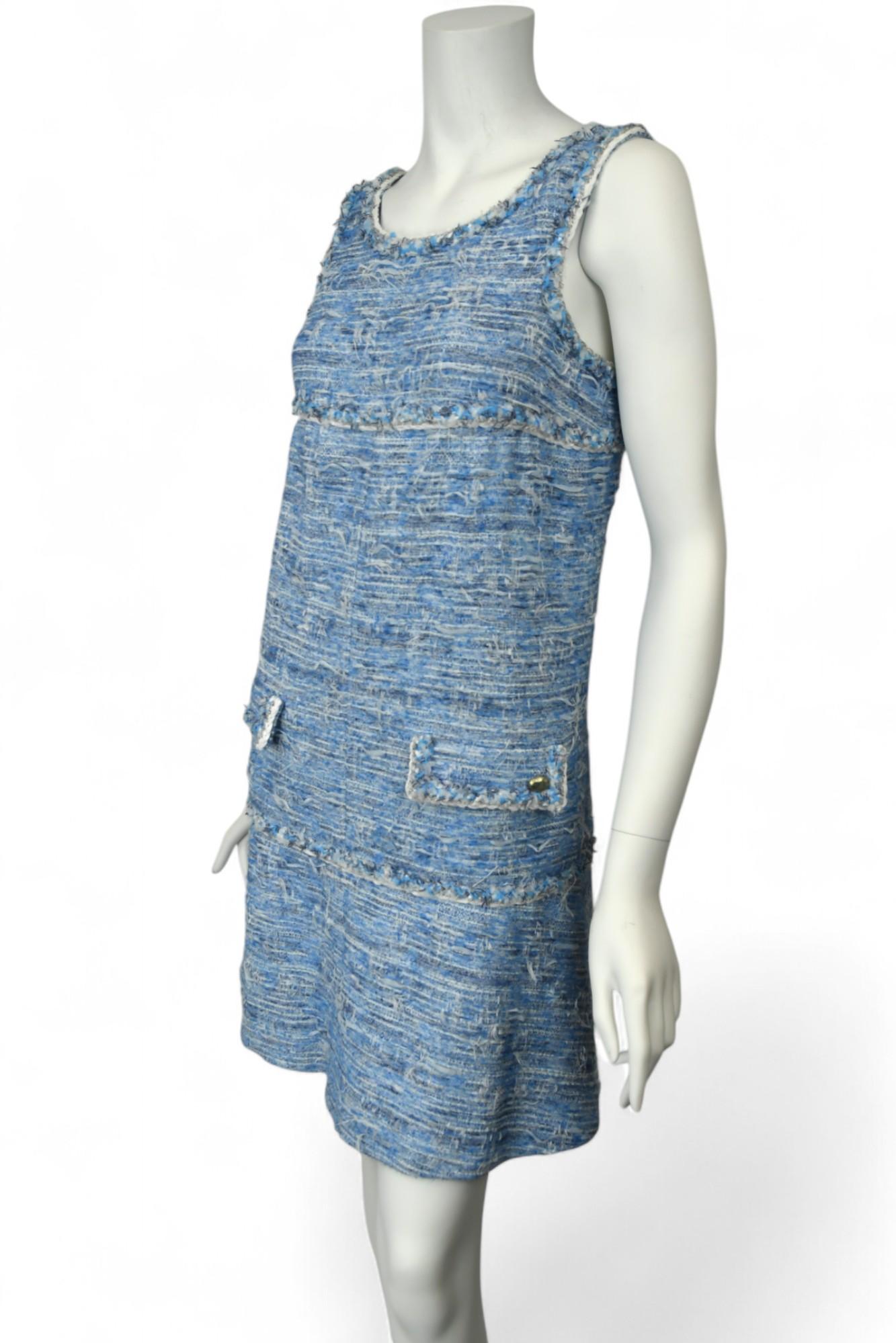 Chanel Sky Blue Fantasy Tweed Dress  Size 10 US  15P Fringed Sleeveless Mini For Sale 3