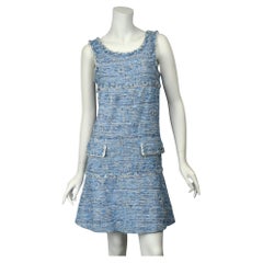 Chanel Sky Blue Fantasy Tweed Dress  Size 10 US  15P Fringed Sleeveless Mini