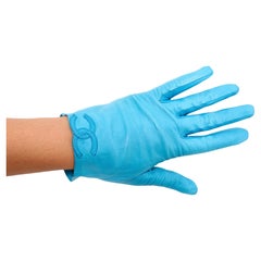 Chanel Sky Blue Leather Interlocking CC Logo Gloves circa 1990s