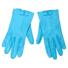 Chanel Sky Blue Leather Interlocking CC Logo Gloves circa 1990s