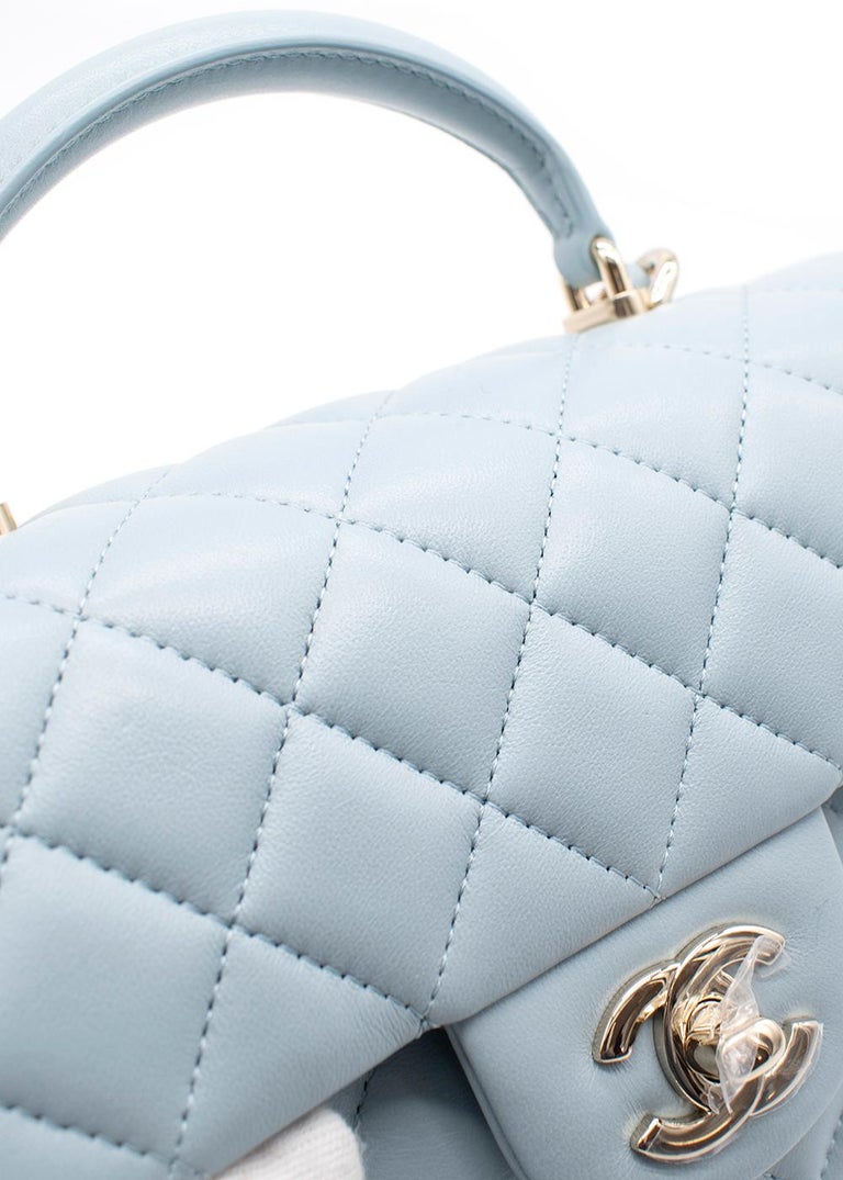 Chanel Sky Blue Leather Quilted Mini Top Handle Flap Bag For Sale