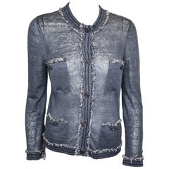 Chanel Slate Blue Silk and Linen Blend Cardigan Size 36 EU Chanel Slate Blue Silk and Linen Blend Cardigan Size 36 EU