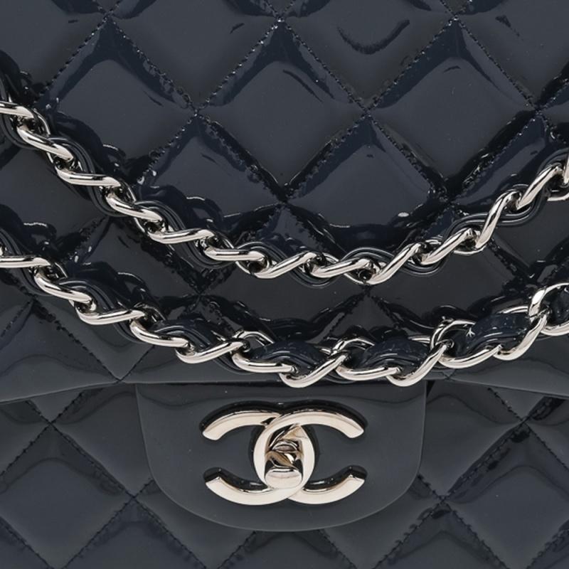 Chanel Slate Grey Quilted Patent Leather Maxi Classic Double Flap Bag 3
