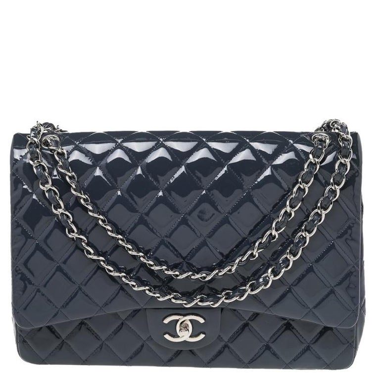 Chanel Slate Grey Quilted Patent Leather Maxi Classic Double Flap Bag At 1stdibs