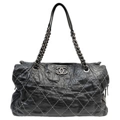Chanel Slate Topstitched Distressed Leather Large Tote