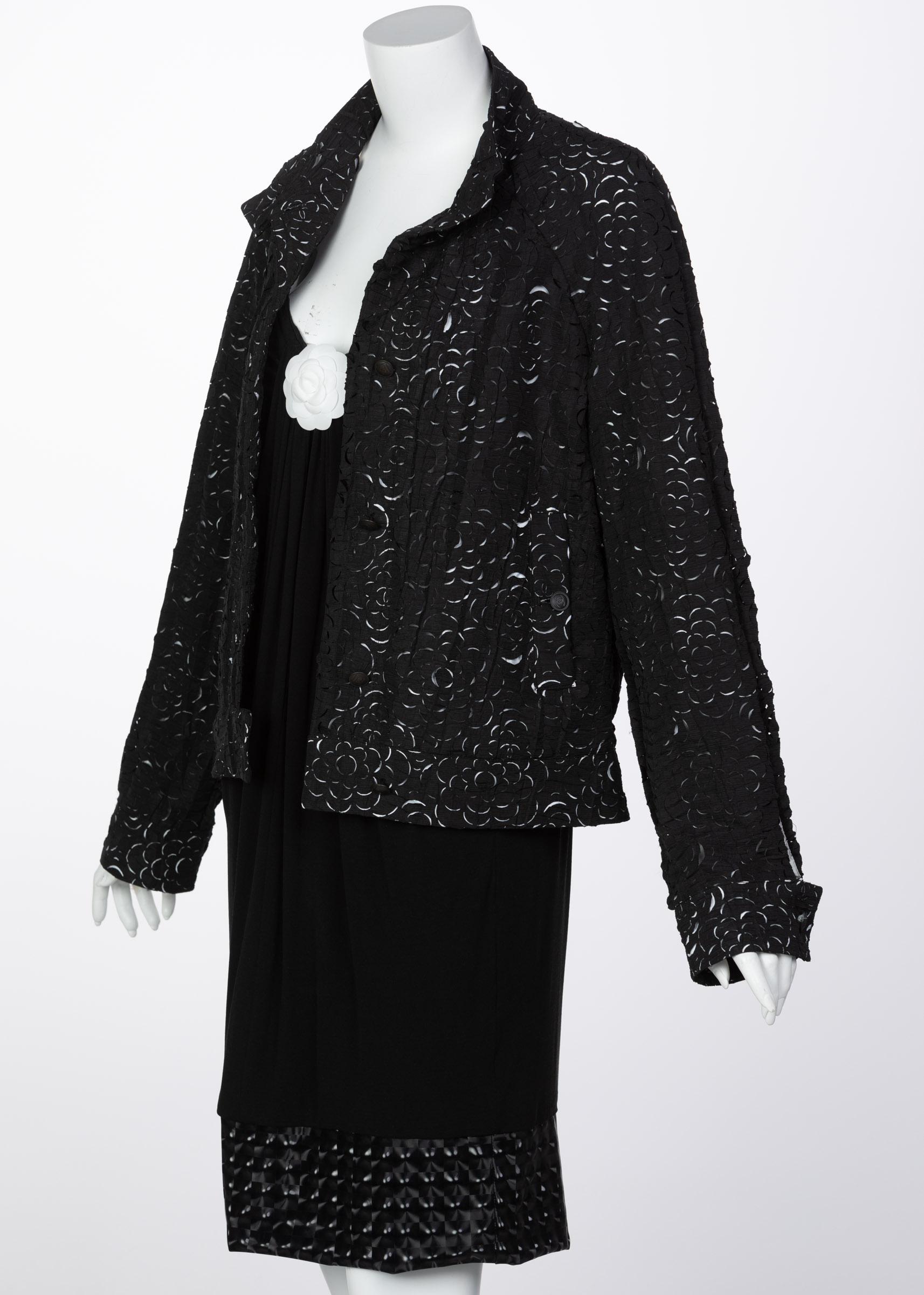 Chanel Sleeveless Black Cocktail Dress Camellia Laser Cut Bomber Jacket Set, 6