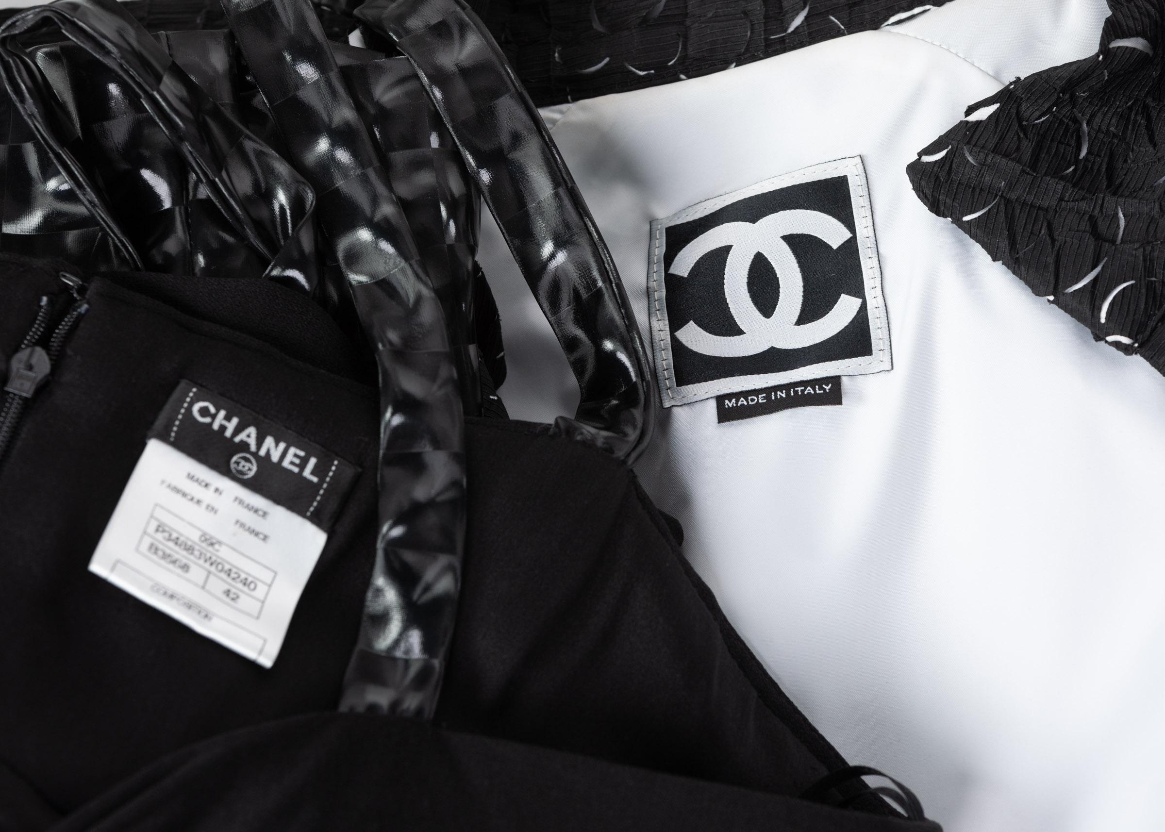 Chanel Sleeveless Black Cocktail Dress Camellia Laser Cut Bomber Jacket Set, 8