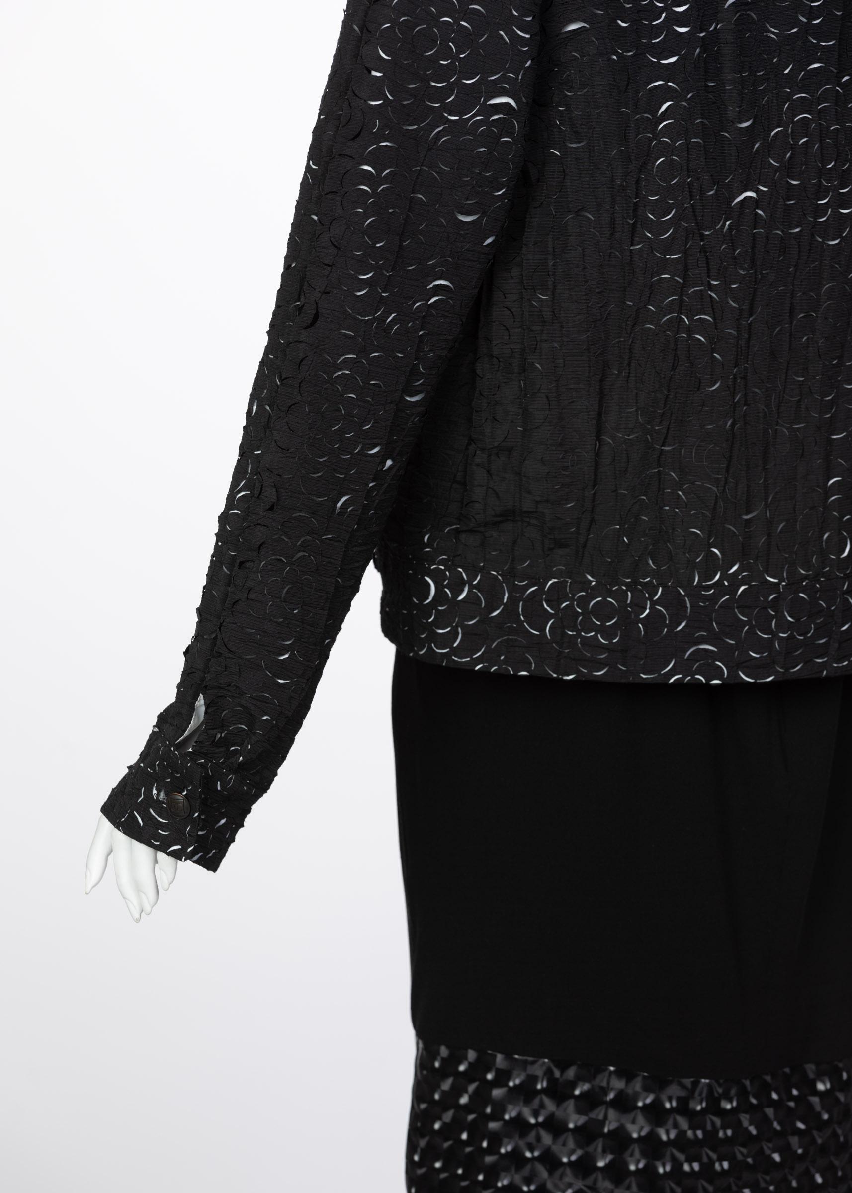 Chanel Sleeveless Black Cocktail Dress Camellia Laser Cut Bomber Jacket Set, 9