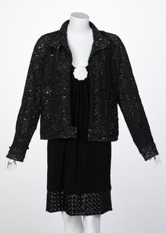 Chanel Sleeveless Black Cocktail Dress Camellia Laser Cut Bomber Jacket Set,