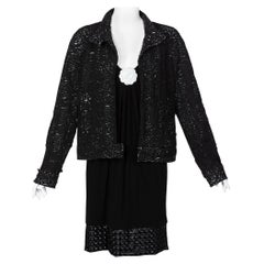 Chanel Sleeveless Black Cocktail Dress Camellia Laser Cut Bomber Jacket Set,