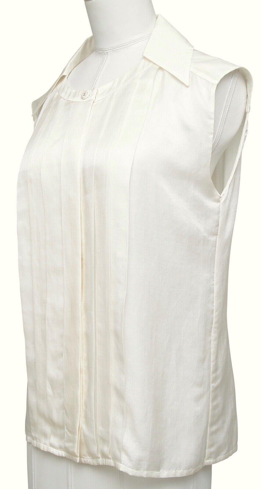 CHANEL Sleeveless Blouse Top Shirt Ivory Ecru Cotton Silk Pleats Collar Sz 44 In Good Condition In Hollywood, FL