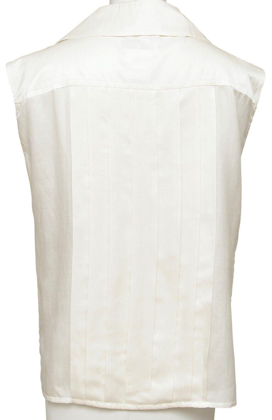Women's CHANEL Sleeveless Blouse Top Shirt Ivory Ecru Cotton Silk Pleats Collar Sz 44
