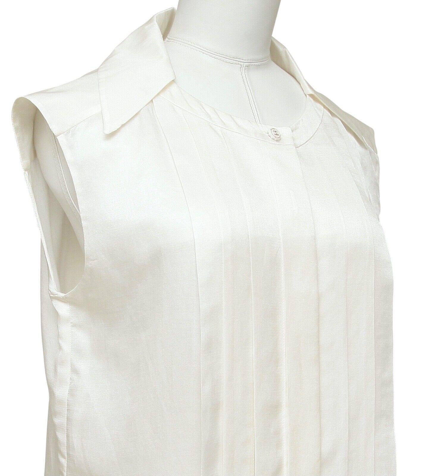 CHANEL Sleeveless Blouse Top Shirt Ivory Ecru Cotton Silk Pleats Collar Sz 44 1