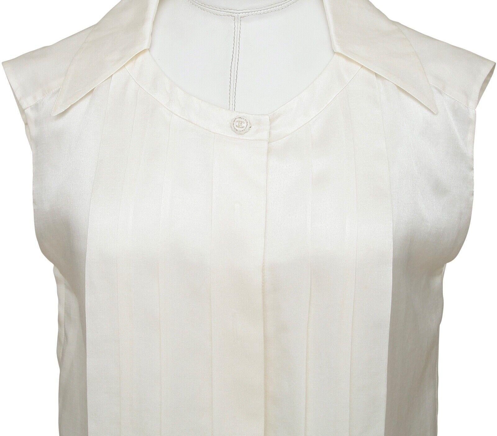CHANEL Sleeveless Blouse Top Shirt Ivory Ecru Cotton Silk Pleats Collar Sz 44 3