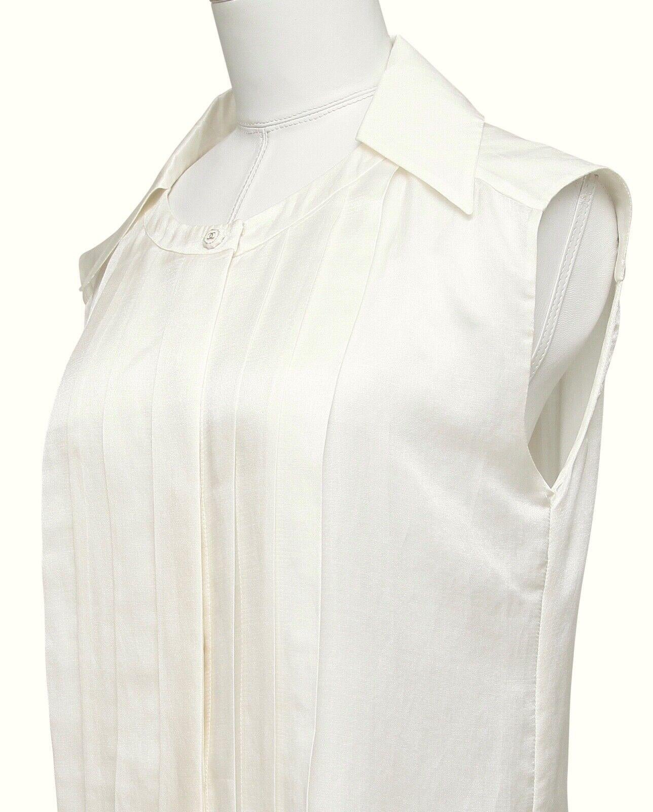 CHANEL Sleeveless Blouse Top Shirt Ivory Ecru Cotton Silk Pleats Collar Sz 44 4