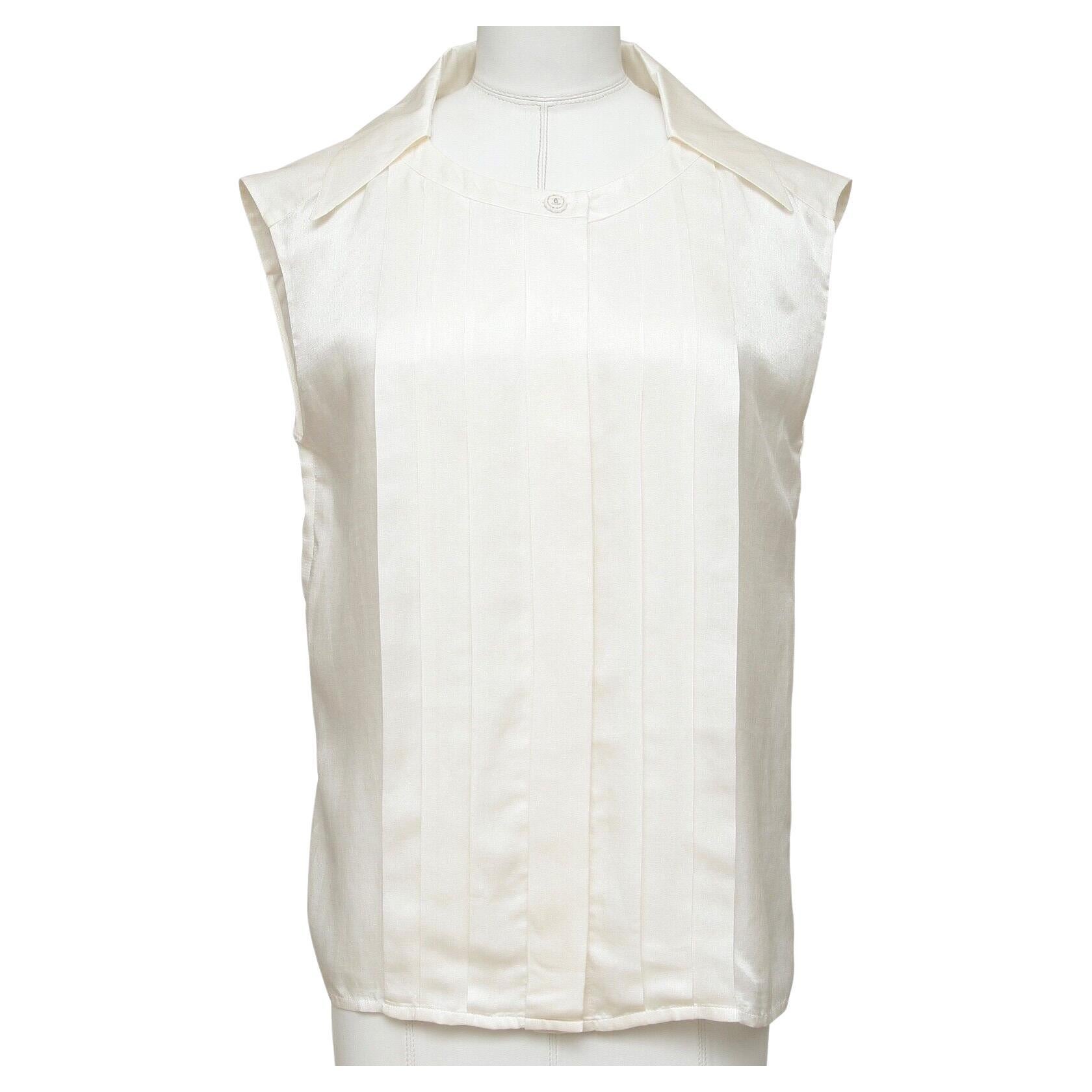 CHANEL Sleeveless Blouse Top Shirt Ivory Ecru Cotton Silk Pleats Collar Sz 44