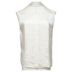 CHANEL Sleeveless Blouse Top Shirt Ivory Ecru Cotton Silk Pleats Collar Sz 44