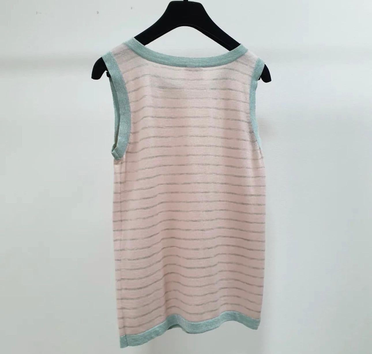 CHANEL CC LOGO STRIPED  CASHMERE BLEND TOP SWEATER FROM  09C COLLECTION.

PRE-OWNED IN GOOD CONDITION

GREY/PINK  COLOR WITH METALLIC PINK TRIM.

HUGE CC WOWEN LOGO IN THE FRONT. 
Sz.36
Flaws seen on pics.