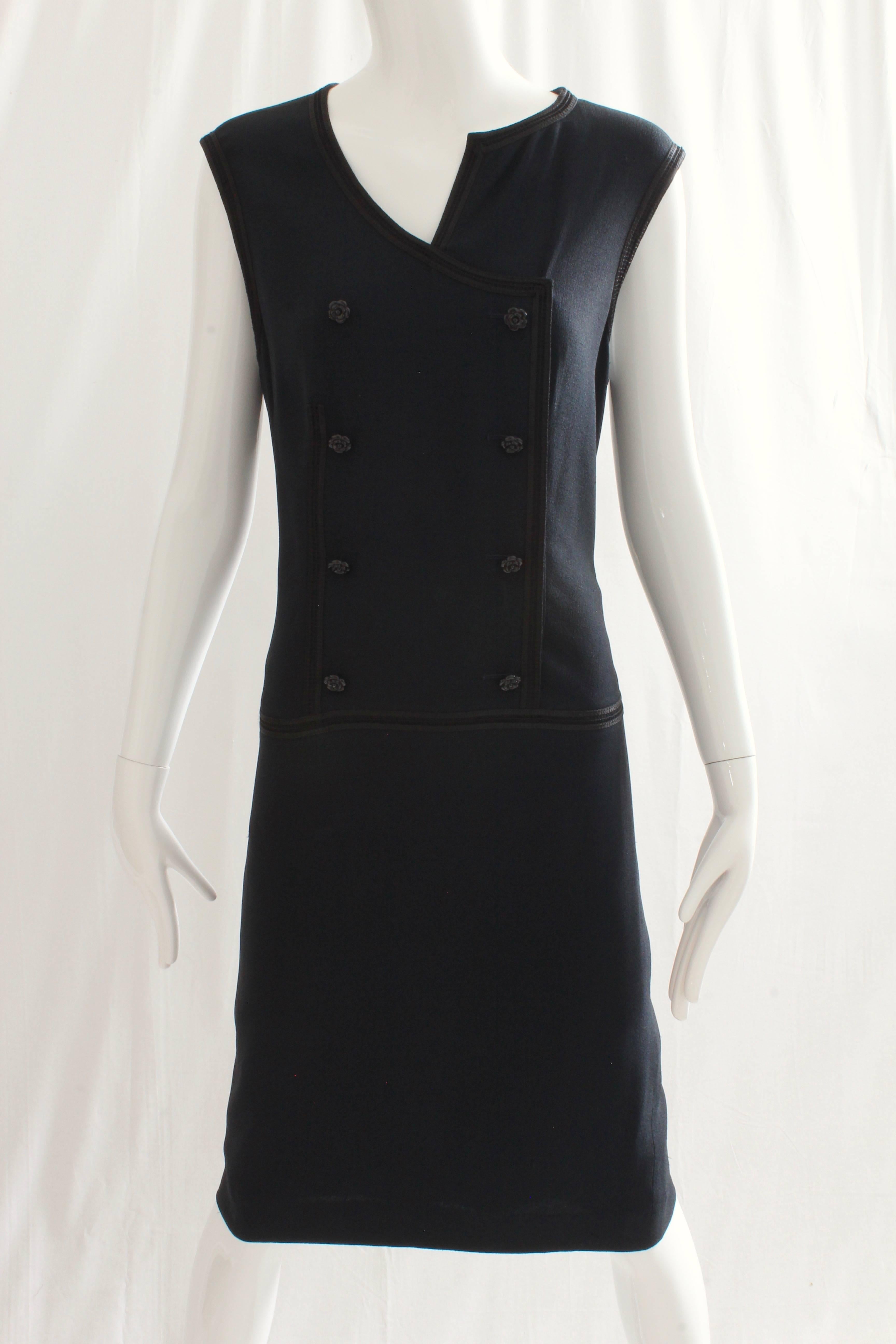 Black Chanel Sleeveless Dress with Asymmetric Collar and Camellia Buttons Navy Size 44