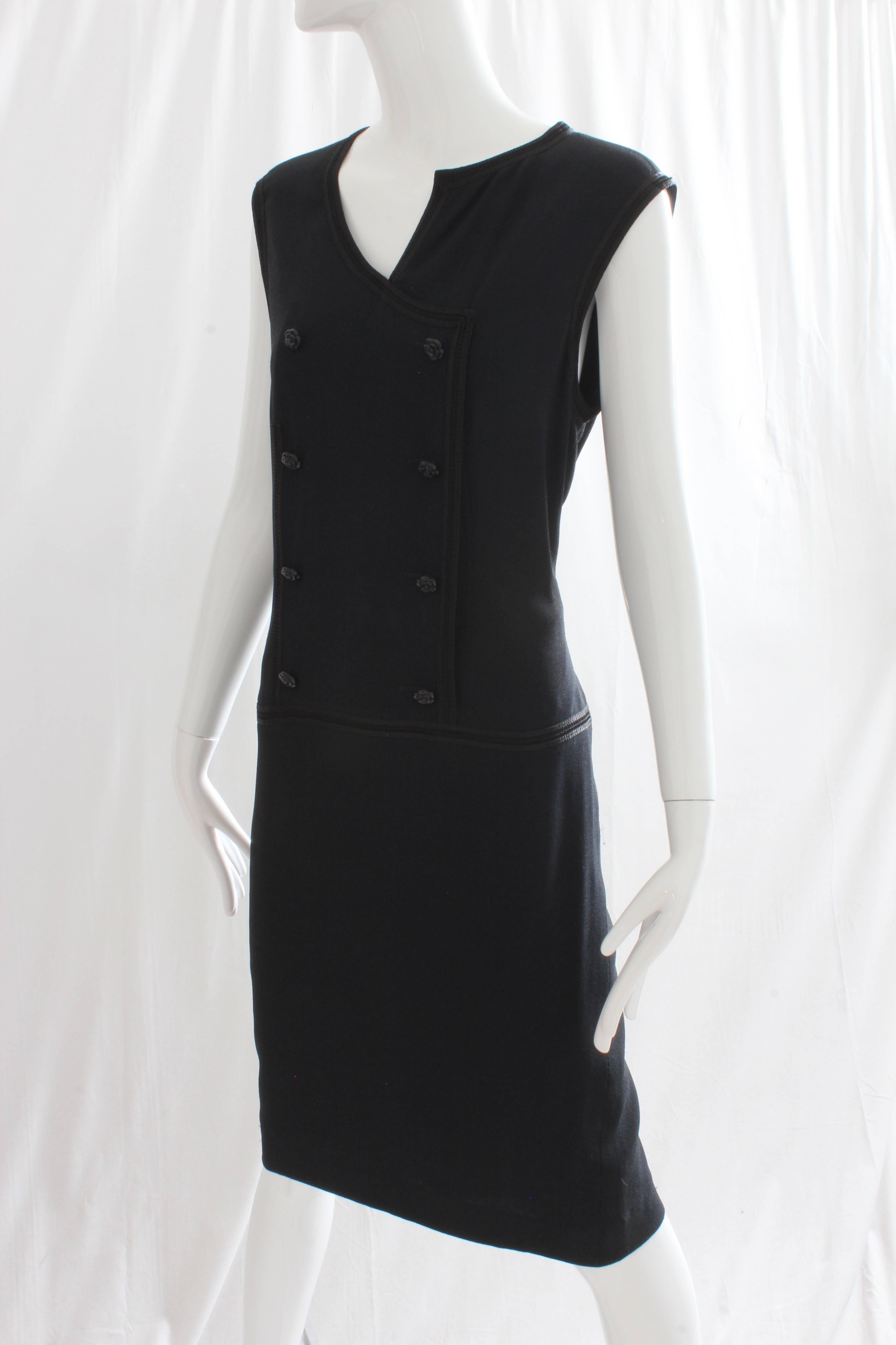 Women's Chanel Sleeveless Dress with Asymmetric Collar and Camellia Buttons Navy Size 44